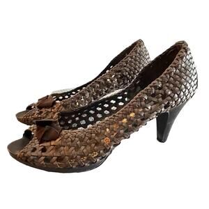 Vintage Y2K Bongo SIZE 9.5 Breezy Vegan Leather Brown Weave Heels Womens Shoes